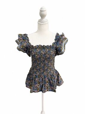 Jennifer & Grace Smocked Floral Peplum Top NWT Blue Boho Cottagecore Small